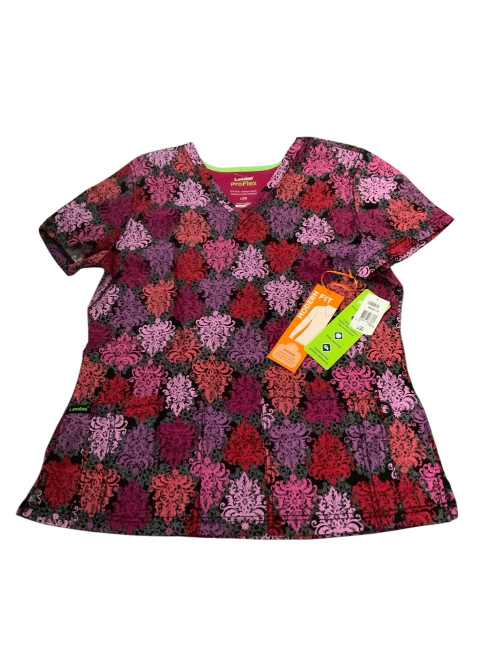 Landau ProFlex Floral Damask Scrub Top - Magenta, Purple & Red Stretch Large